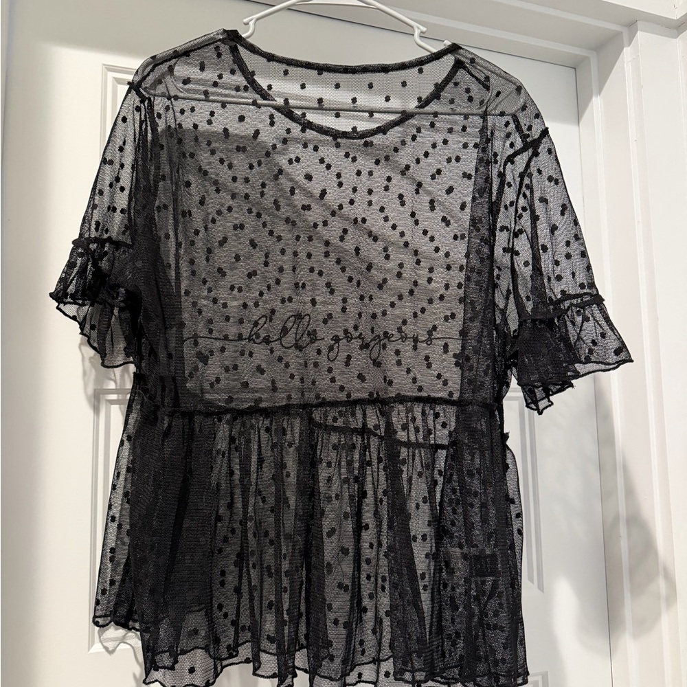 SHEIN Black Sheer Polka Dot Ruffle Sleeve Blouse